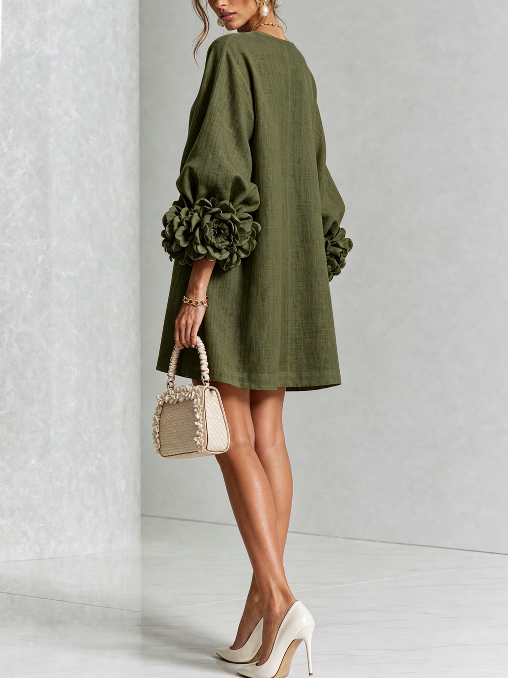 Women Linen Puff Long Sleeve Tunic Mini Shift Dress