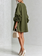 Women Linen Puff Long Sleeve Tunic Mini Shift Dress