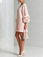 Women Linen Puff Long Sleeve Tunic Mini Shift Dress