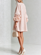 Women Linen Puff Long Sleeve Tunic Mini Shift Dress