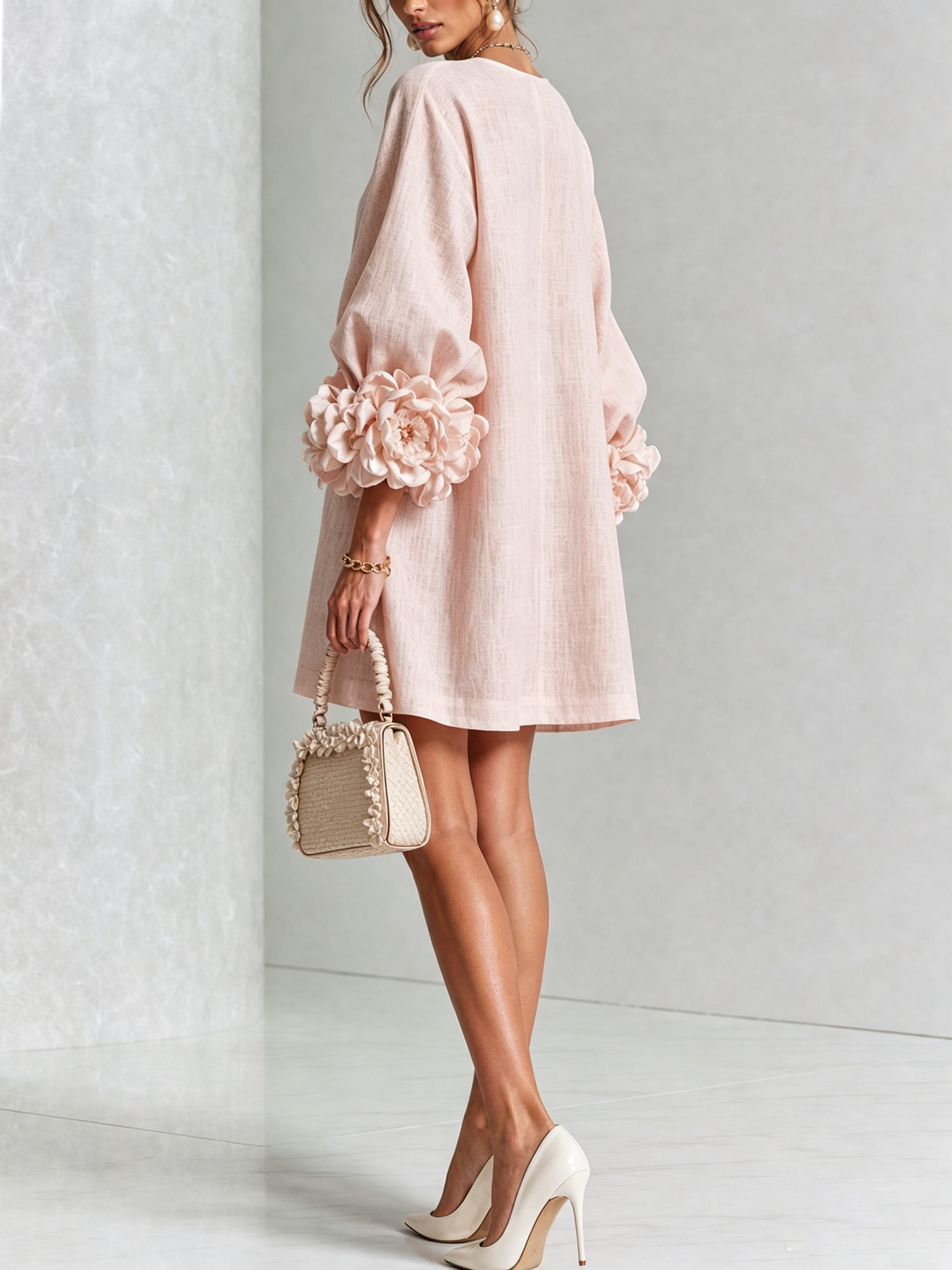 Women Linen Puff Long Sleeve Tunic Mini Shift Dress