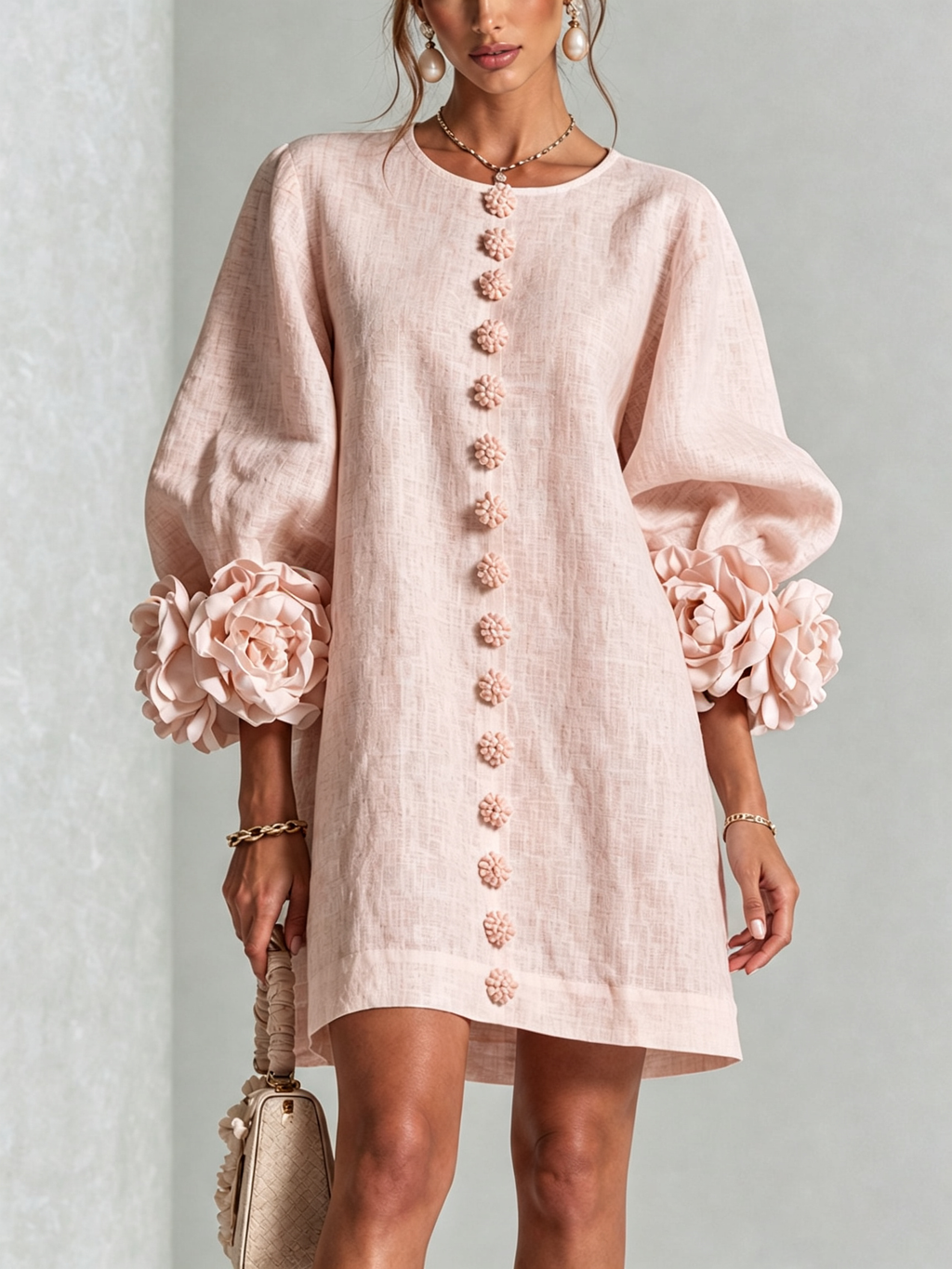 Women Linen Puff Long Sleeve Tunic Mini Shift Dress