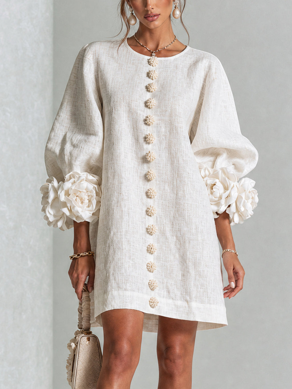 Women Linen Puff Long Sleeve Tunic Mini Shift Dress