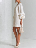 Women Linen Puff Long Sleeve Tunic Mini Shift Dress