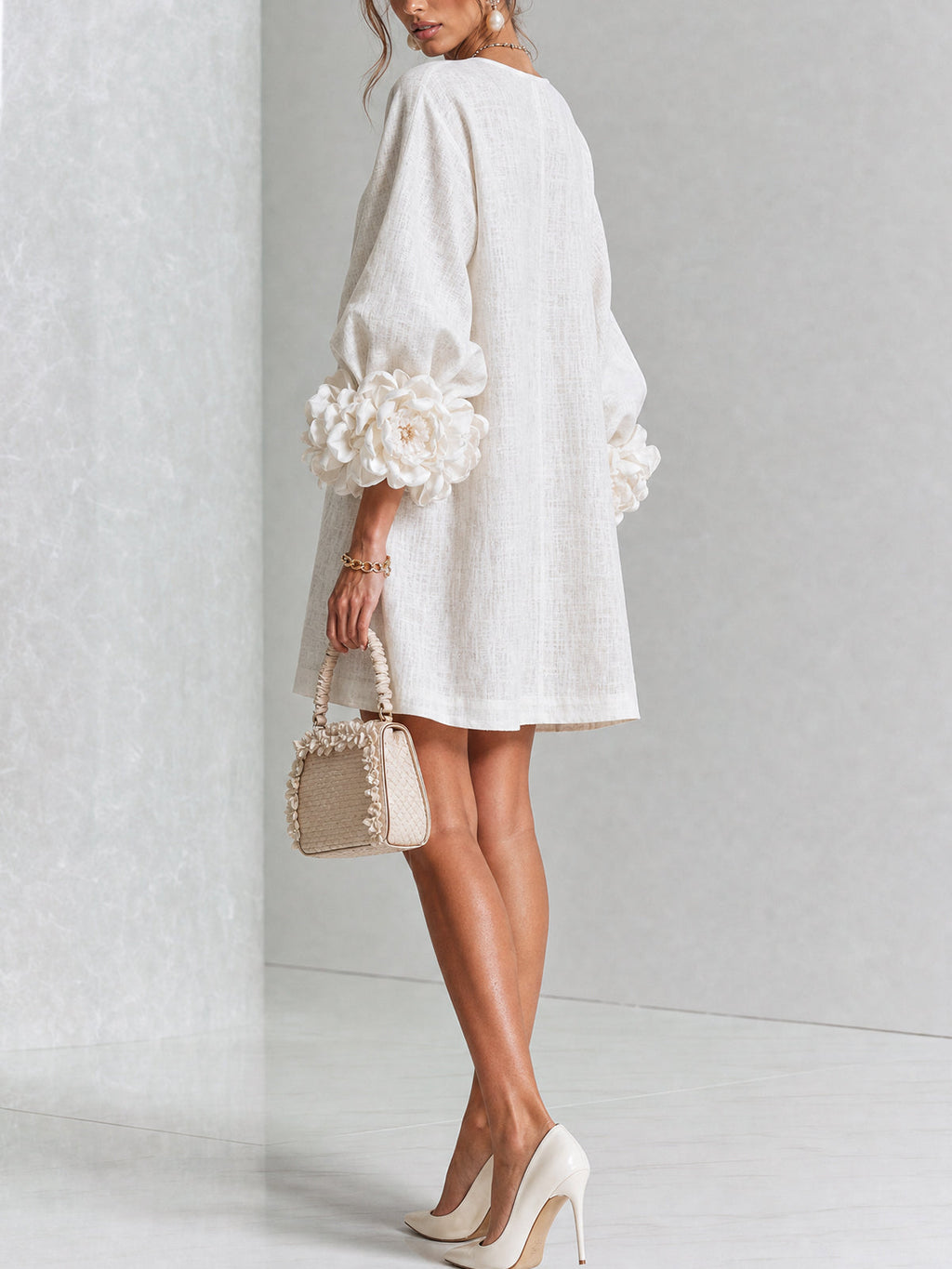 Women Linen Puff Long Sleeve Tunic Mini Shift Dress