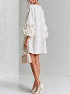 Women Linen Puff Long Sleeve Tunic Mini Shift Dress