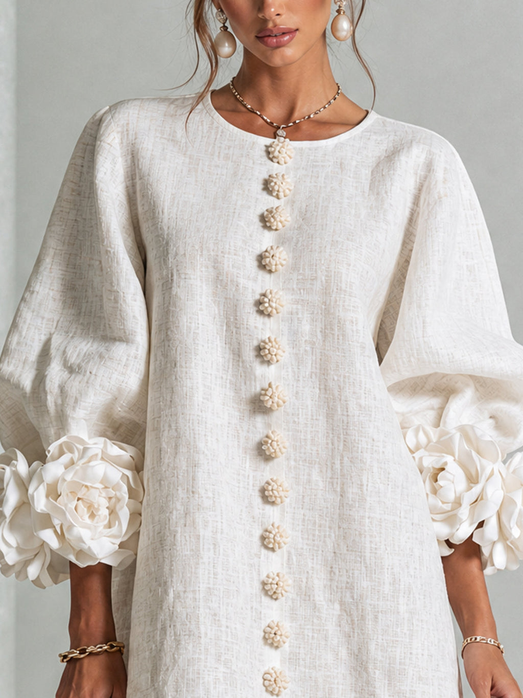 Women Linen Puff Long Sleeve Tunic Mini Shift Dress