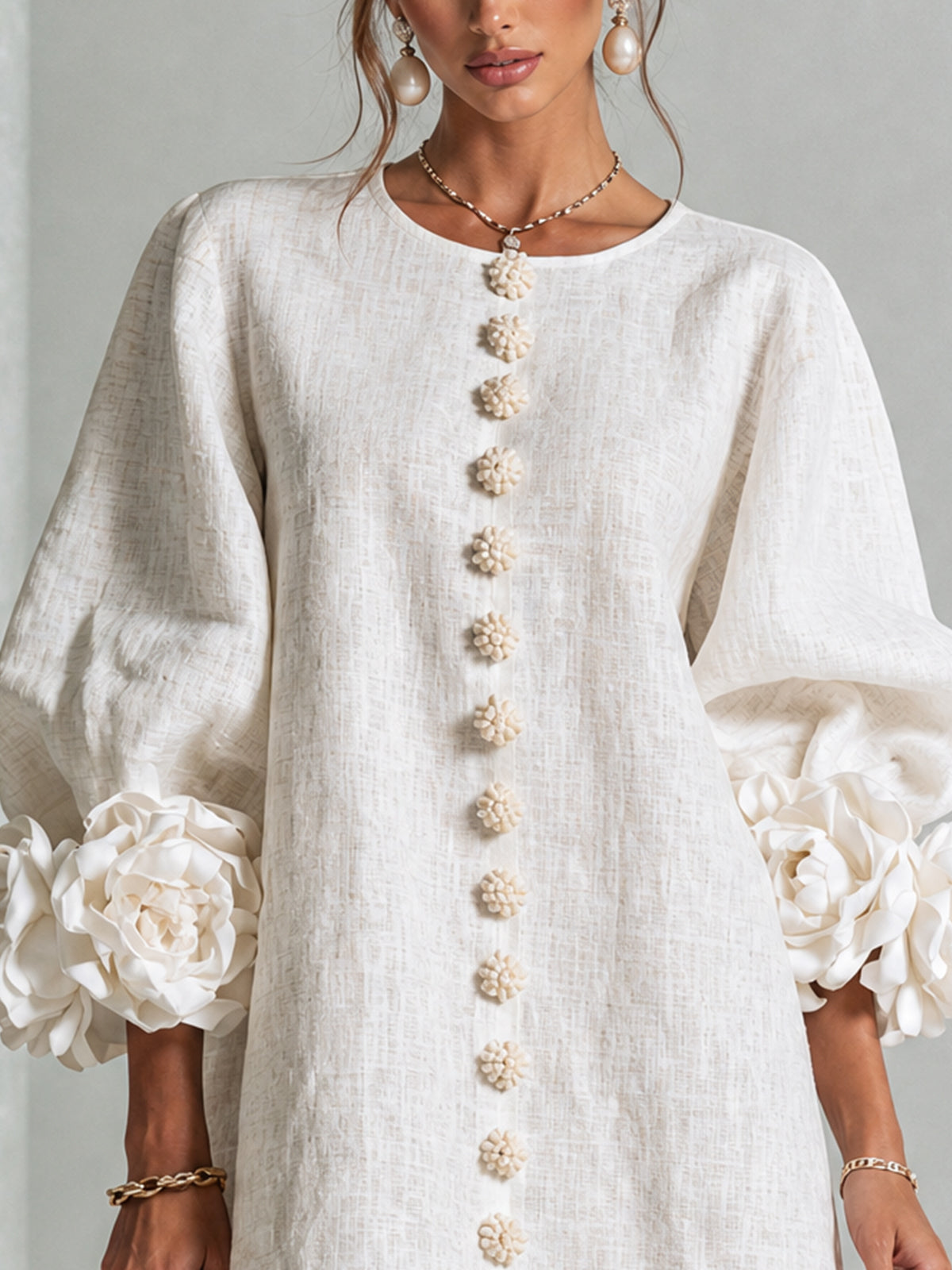 Women Linen Puff Long Sleeve Tunic Mini Shift Dress