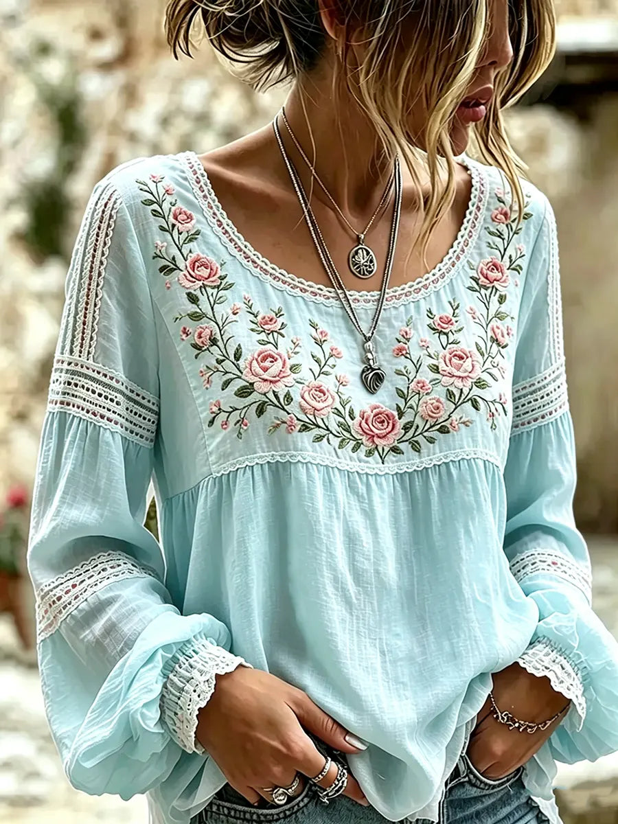 Women's Embroidered Linen Blouse Long Sleeve Everyday Top