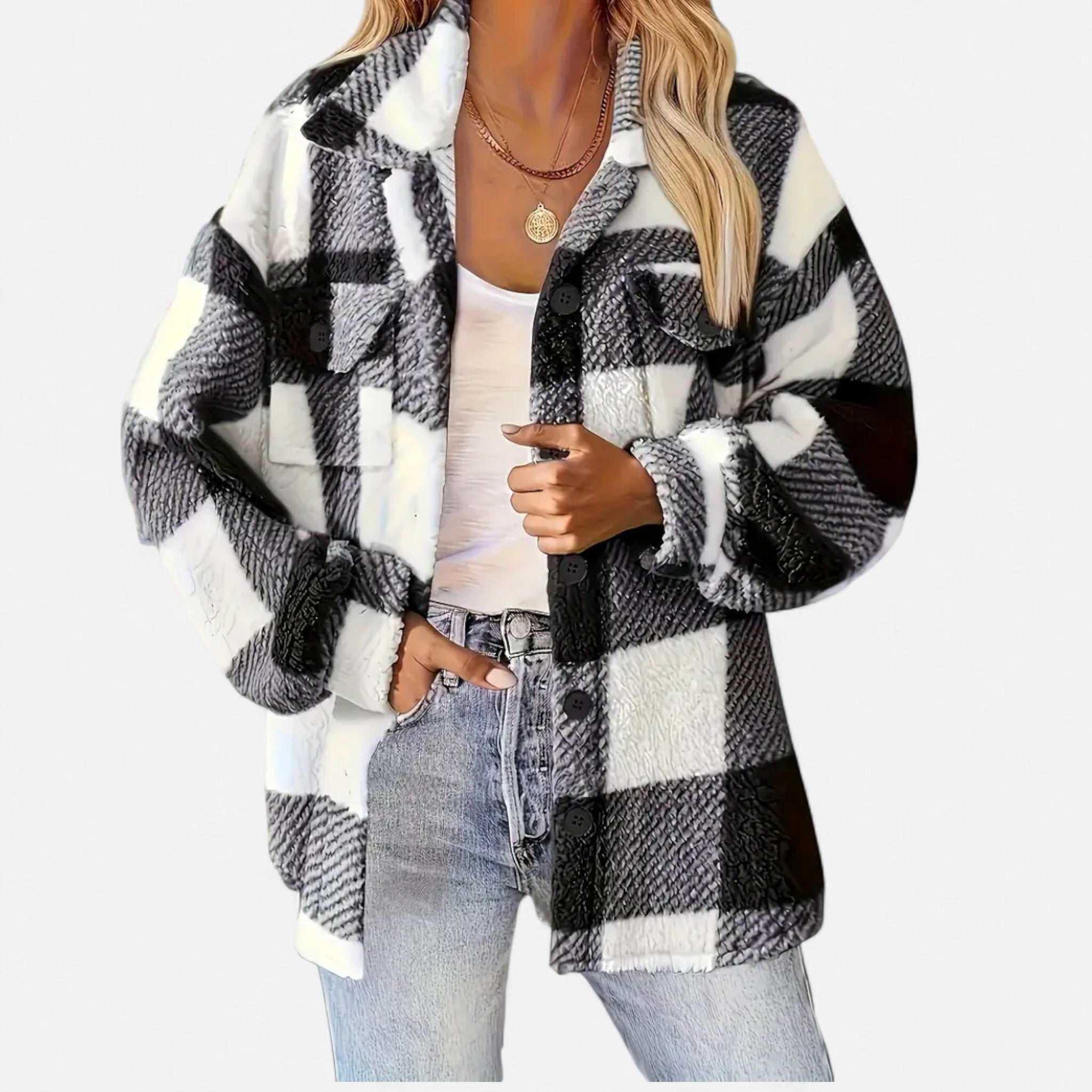 Sophie Laurent | Plush Checkered Sherpa Jacket For Women