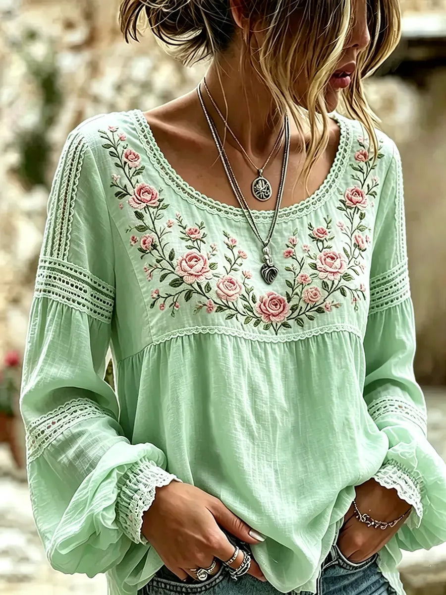 Women's Embroidered Linen Blouse Long Sleeve Everyday Top