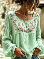 Women's Embroidered Linen Blouse Long Sleeve Everyday Top