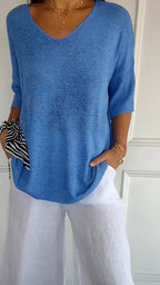 'Mia™ - Cozy Top with Knitted V-Neck — Soft Knit