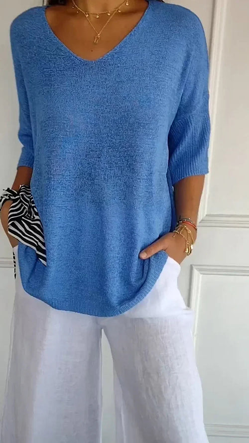 'Mia™ - Cozy Top with Knitted V-Neck — Soft Knit