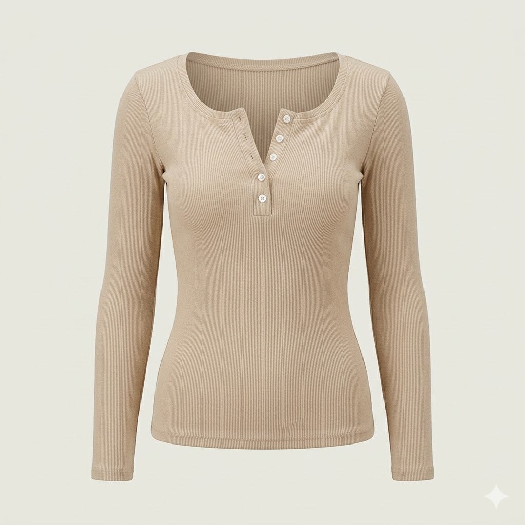 Elise Laurent | Ribbed Button Long Sleeve Top For Women