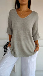 'Mia™ - Cozy Top with Knitted V-Neck — Soft Knit