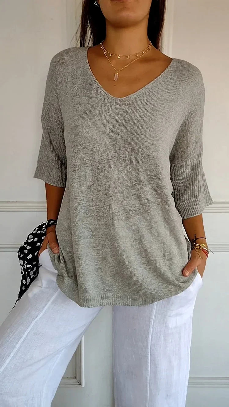 'Mia™ - Cozy Top with Knitted V-Neck — Soft Knit