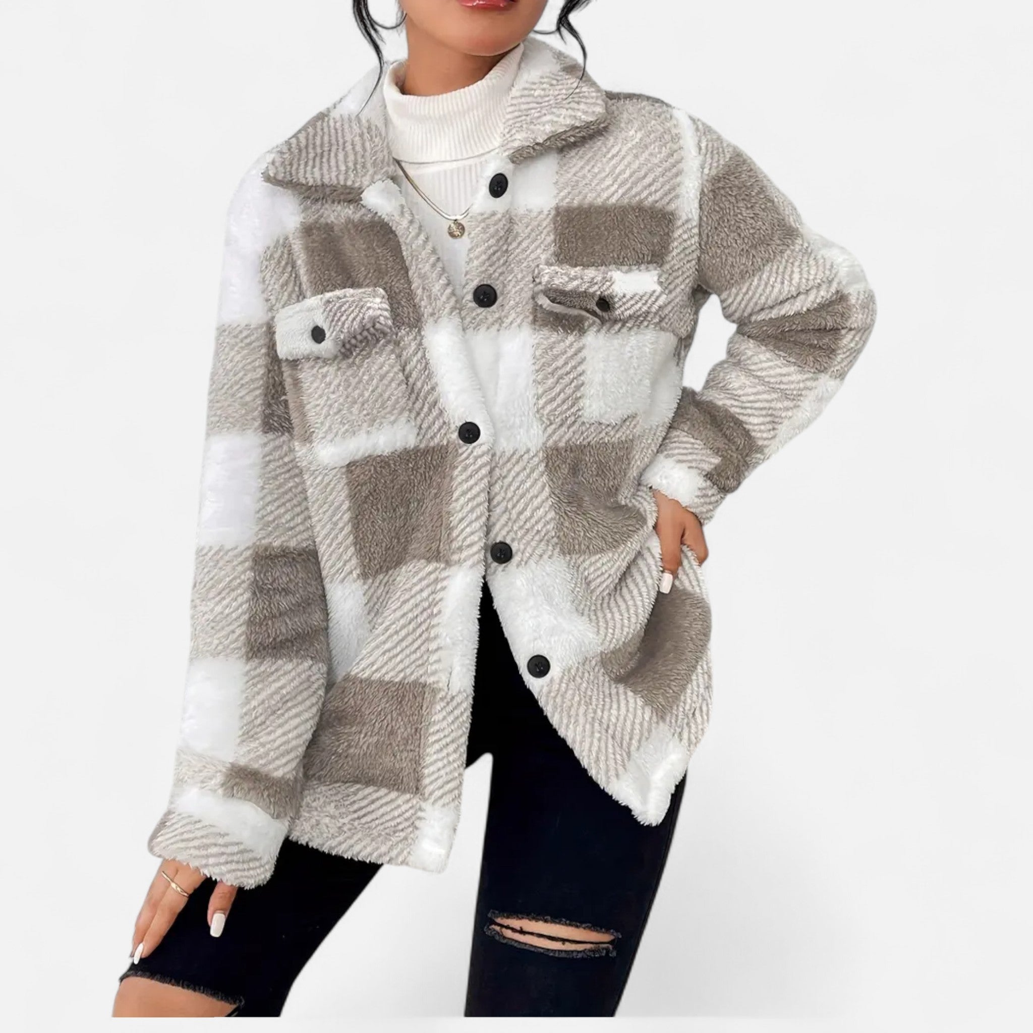 Sophie Laurent | Plush Checkered Sherpa Jacket For Women