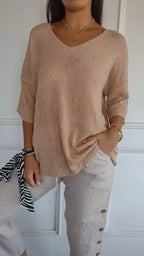 'Mia™ - Cozy Top with Knitted V-Neck — Soft Knit