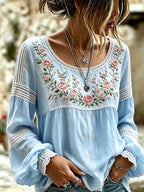 Women's Embroidered Linen Blouse Long Sleeve Everyday Top
