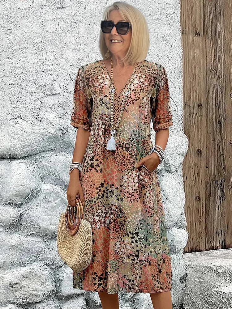 Cotton Knee-Length Dress Summer Refined Floral Pattern V-Neck Shift Sun Dress