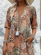 Cotton Knee-Length Dress Summer Refined Floral Pattern V-Neck Shift Sun Dress