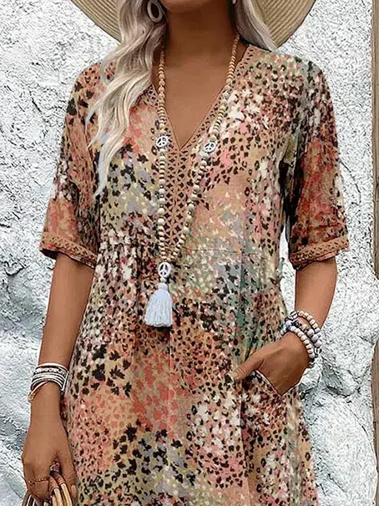 Cotton Knee-Length Dress Summer Refined Floral Pattern V-Neck Shift Sun Dress