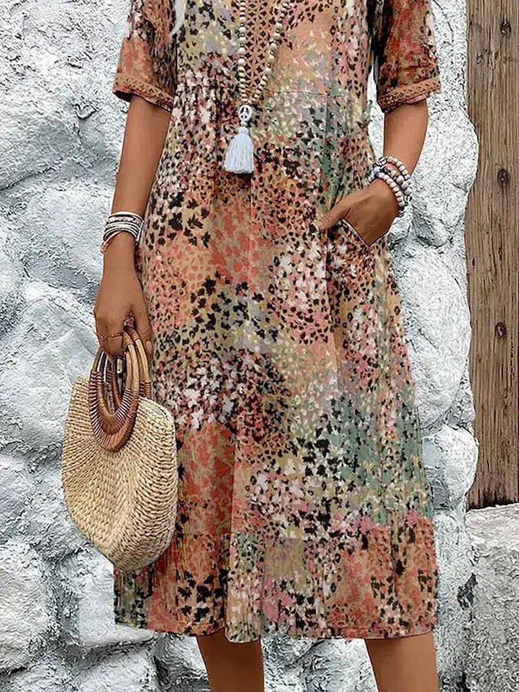Cotton Knee-Length Dress Summer Refined Floral Pattern V-Neck Shift Sun Dress