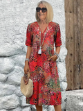 Cotton Knee-Length Dress Summer Refined Floral Pattern V-Neck Shift Sun Dress