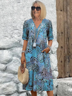 Cotton Knee-Length Dress Summer Refined Floral Pattern V-Neck Shift Sun Dress