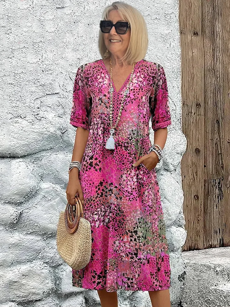 Cotton Knee-Length Dress Summer Refined Floral Pattern V-Neck Shift Sun Dress