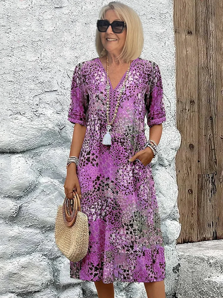Cotton Knee-Length Dress Summer Refined Floral Pattern V-Neck Shift Sun Dress