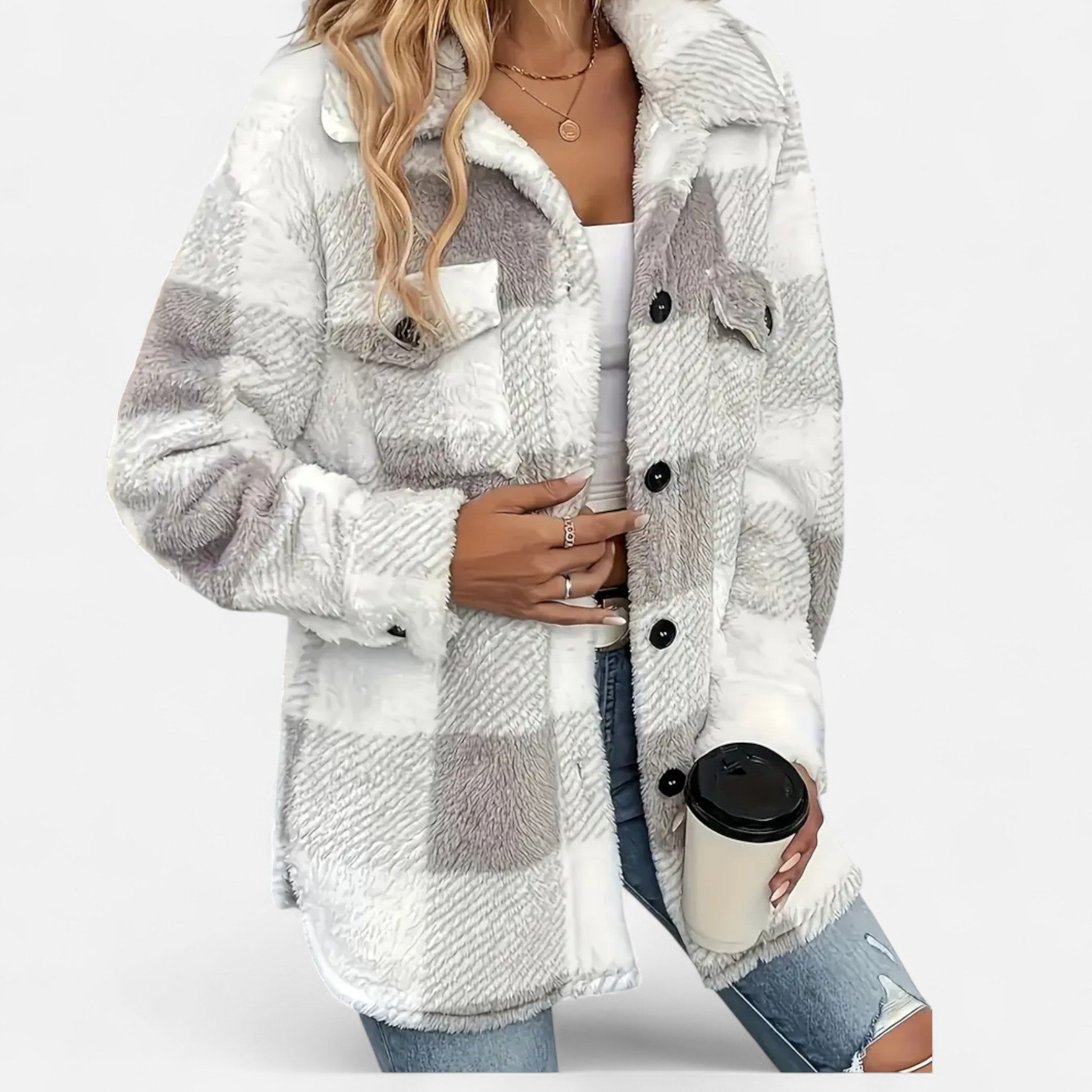 Sophie Laurent | Plush Checkered Sherpa Jacket For Women
