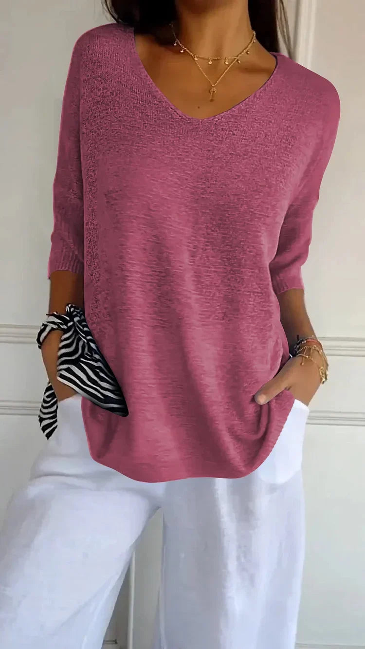 'Mia™ - Cozy Top with Knitted V-Neck — Soft Knit