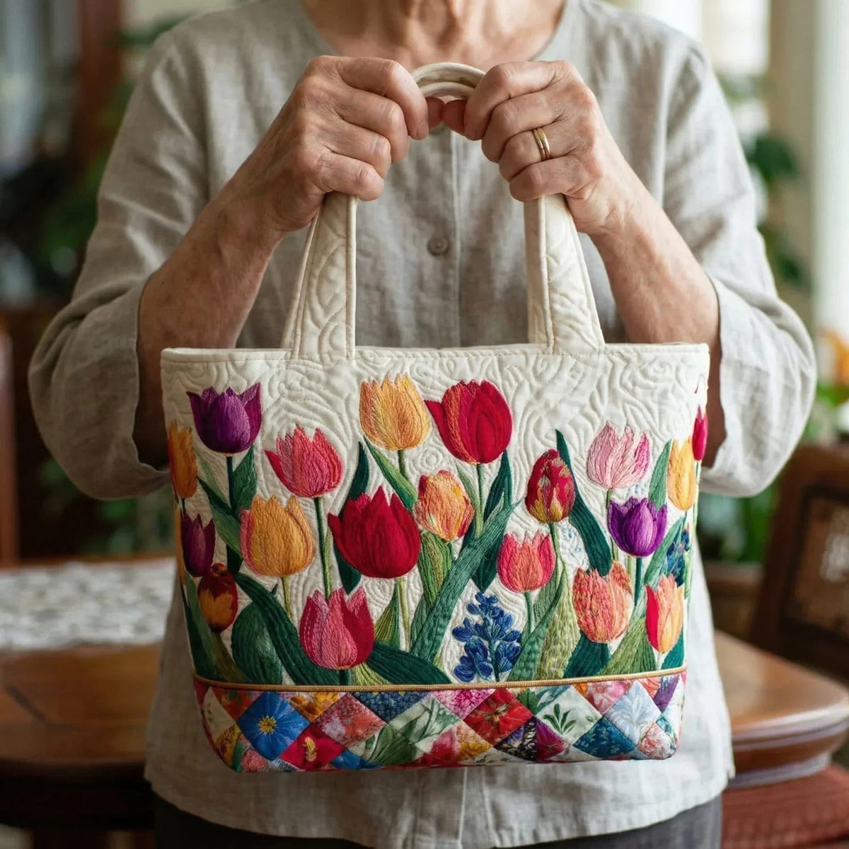 Women's Handmade Quilted Tote Bag with Unique Print — Spacious