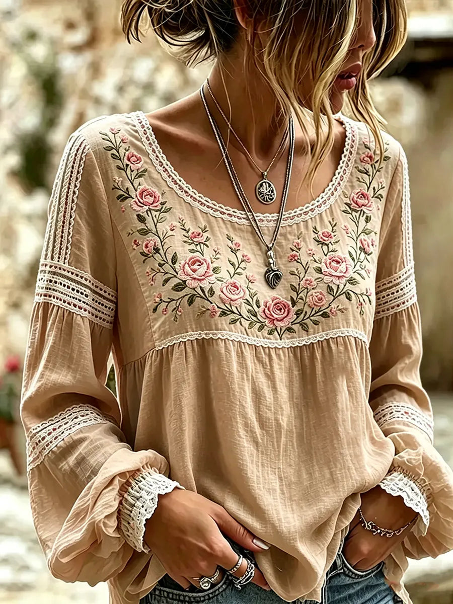 Women's Embroidered Linen Blouse Long Sleeve Everyday Top