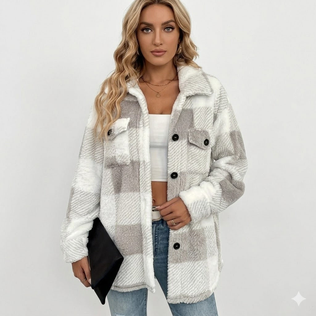 Sophie Laurent | Plush Checkered Sherpa Jacket For Women