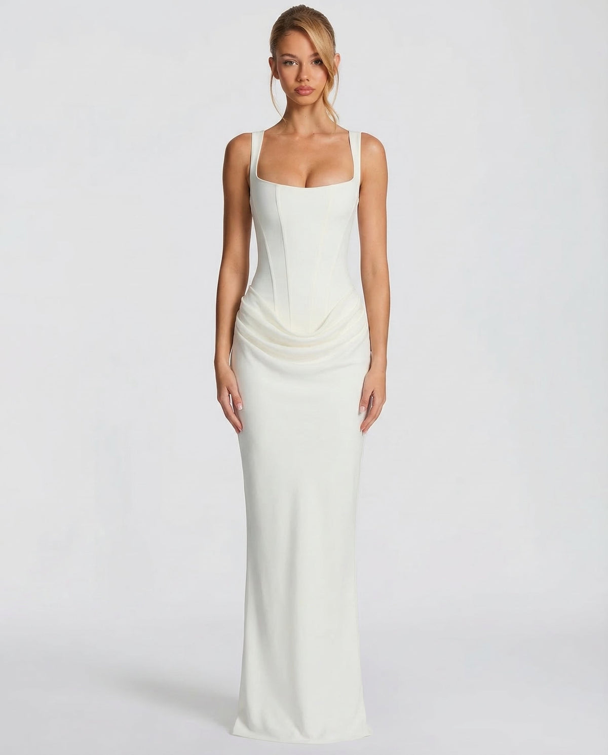 Maxi Dress for Women Fall Evening Dress with Square Neck and Draped Waist Silhouette