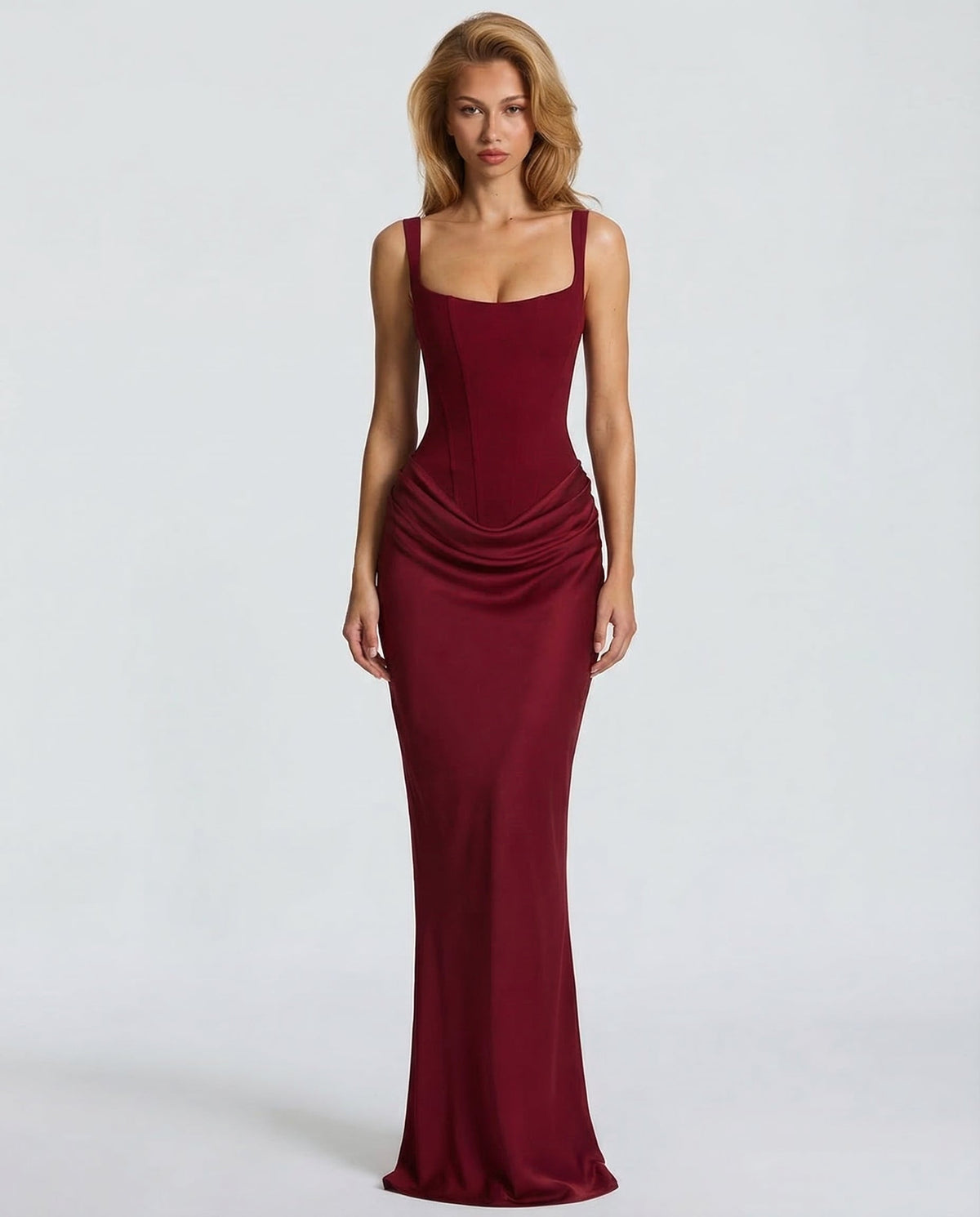 Maxi Dress for Women Fall Evening Dress with Square Neck and Draped Waist Silhouette
