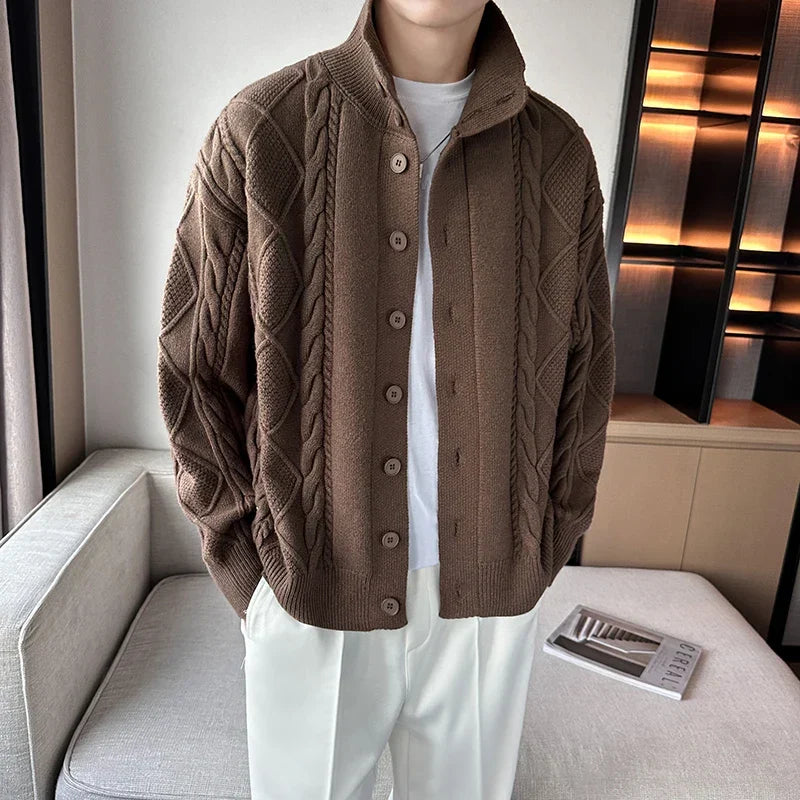 Men's Cardigan Cable Knit Button Up Stand Collar — view 2