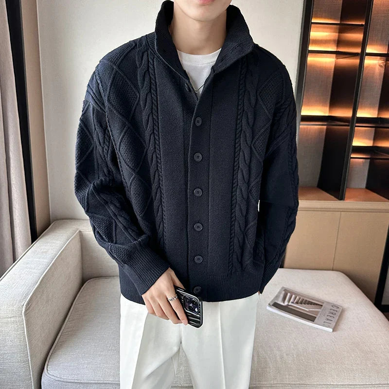 Men's Cardigan Cable Knit Button Up Stand Collar — view 3
