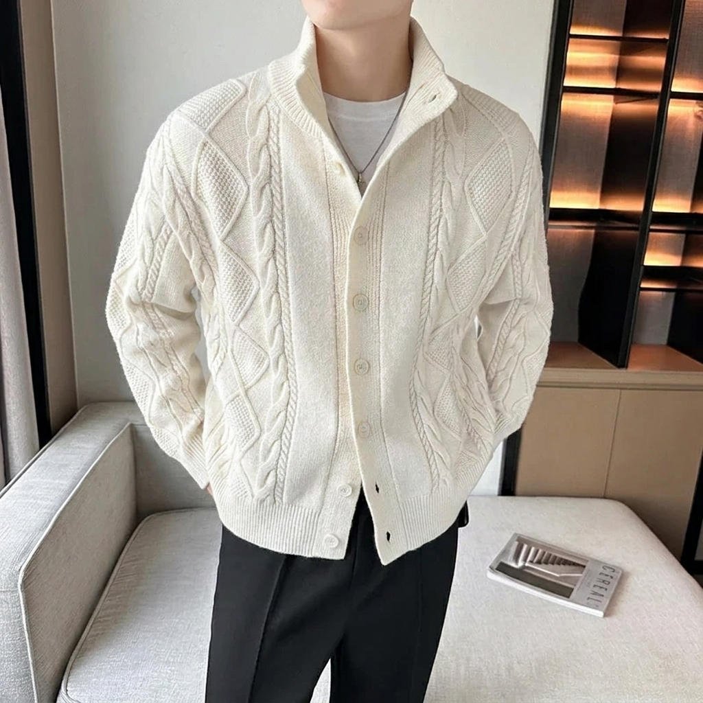 Men's Cardigan Cable Knit Button Up Stand Collar — view 5