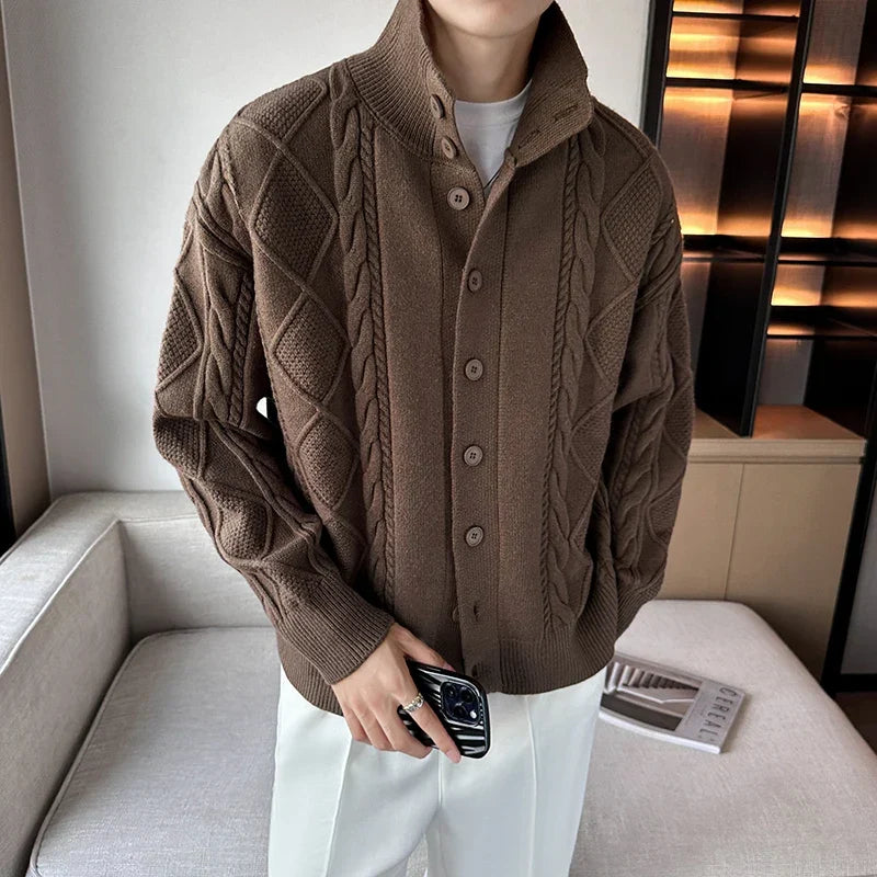 Men's Cardigan Cable Knit Button Up Stand Collar — view 1