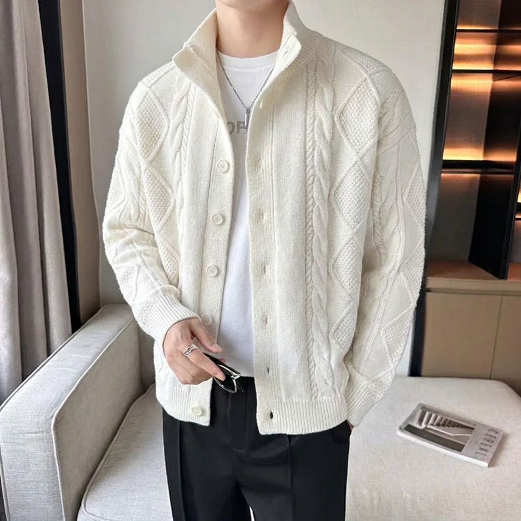 Men's Cardigan Cable Knit Button Up Stand Collar — view 6