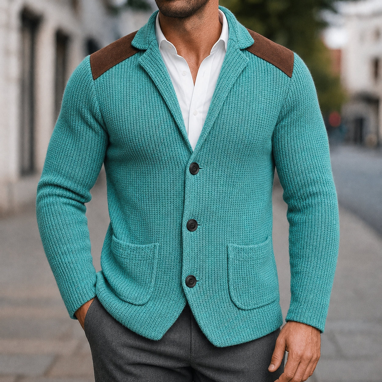 Men's Cardigan Knit Button Front Patch Pocket — view 5