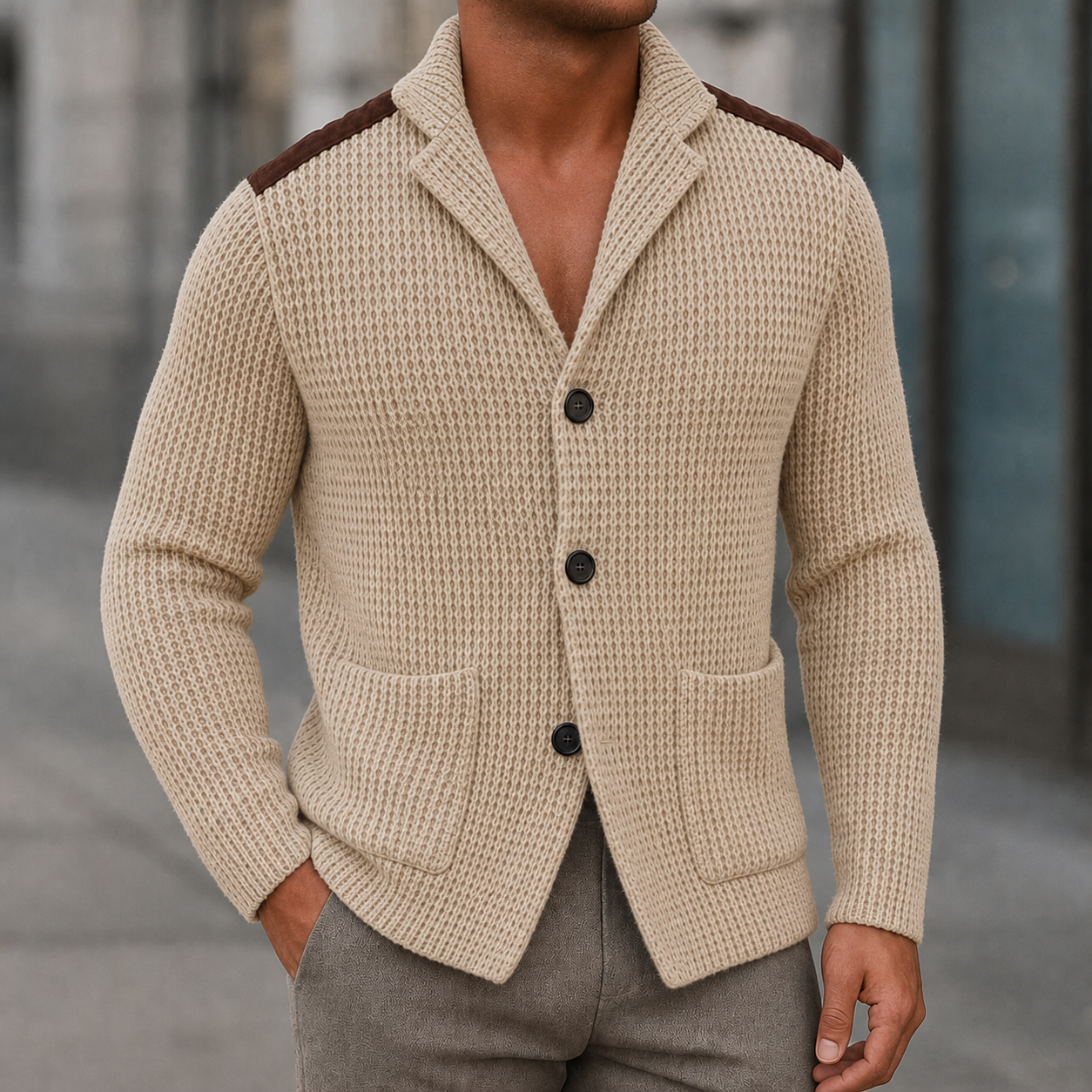 Men's Cardigan Knit Button Front Patch Pocket — view 6