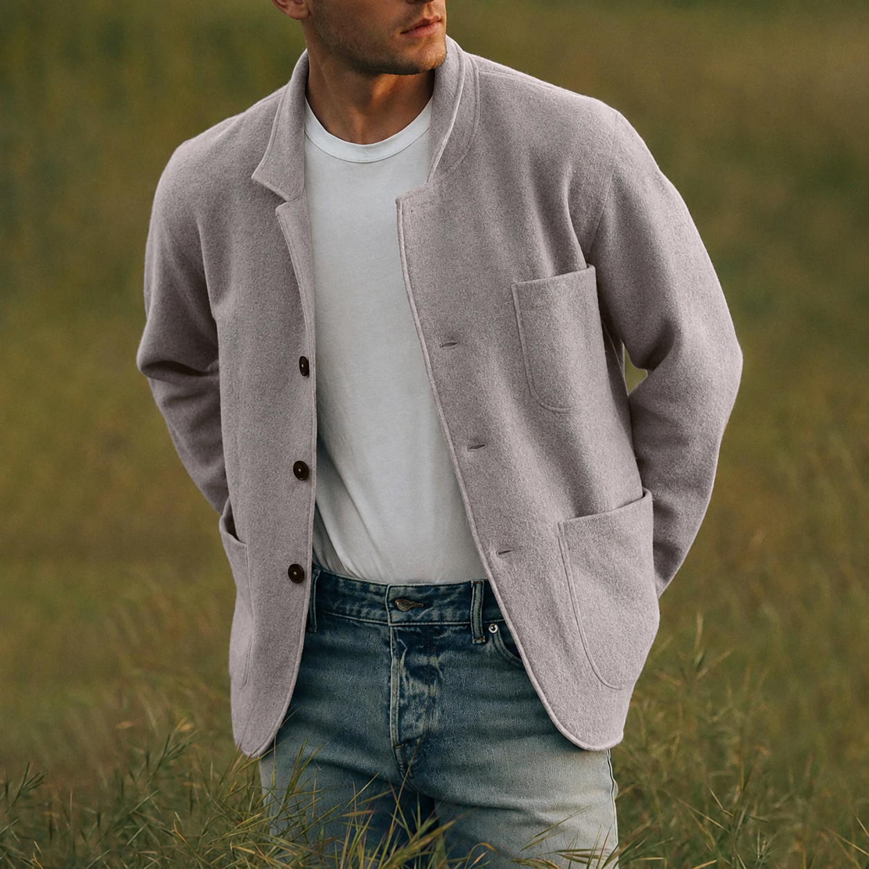 Men's Cardigan Button Up Patch Pocket Notched Lapel — view 1