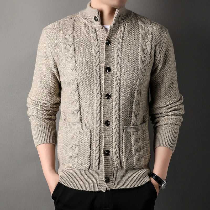 Men's Cardigan Cable Knit Stand Collar Button Front — view 4