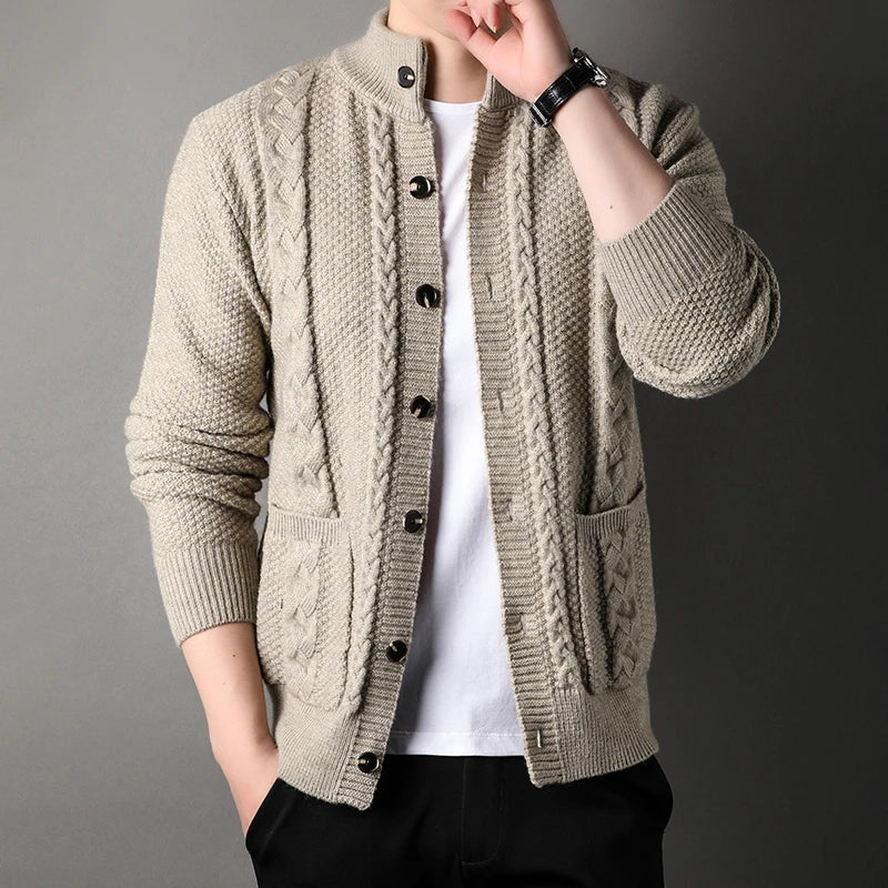 Men's Cardigan Cable Knit Stand Collar Button Front — view 5