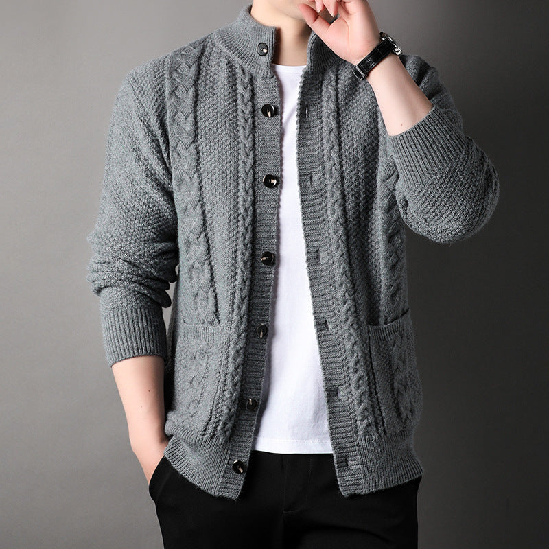 Men's Cardigan Cable Knit Stand Collar Button Front — view 7